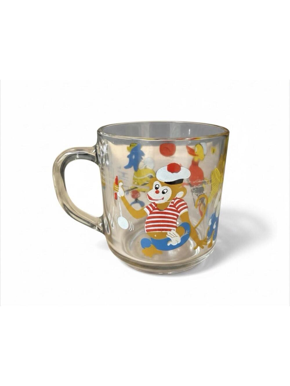 Vintage Arcoroc France Clear Glass Coffee Mug Cartoon Characters Painted
